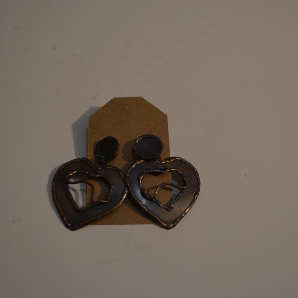 Hanging Studs Earrings Bronze Darkened Brown Handmade Hearts 1.5'